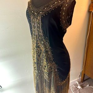 Unique Vintage real beaded flapper dress 1920s black and gold M